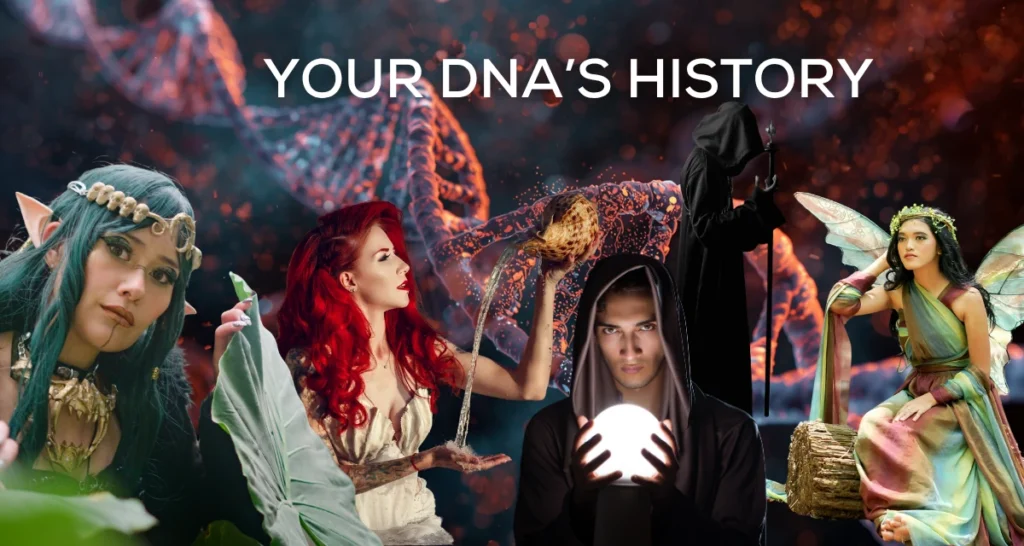 DNA Helix behind an Elf, wizard, fairy and mermaid