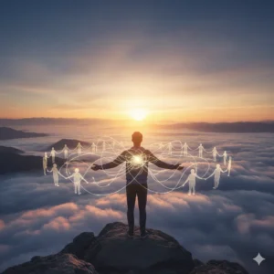 man standing on a mountain - surrounded by ideas