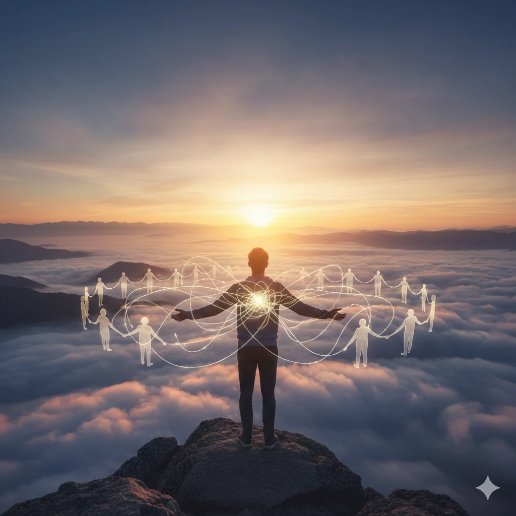 man standing on a mountain - surrounded by ideas